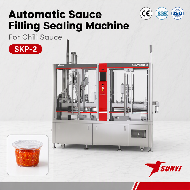 Chili Sauce Cup Filling And Sealing Machine, 2-Lane SKP-2, 100 Cups/Min, 0-50g Filling, CE/SGS/ISO 9001, Manufacturer