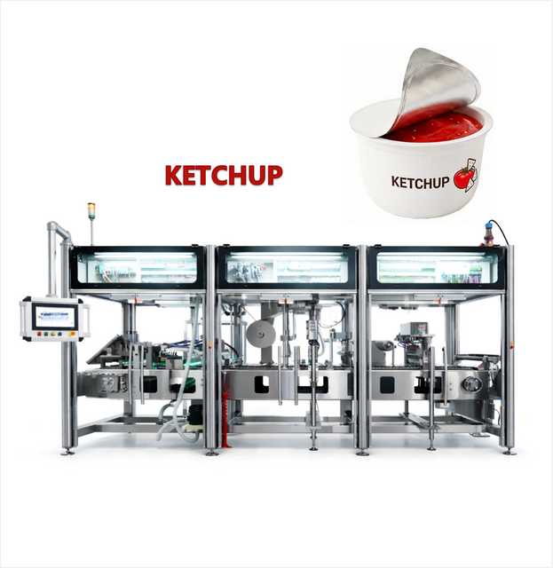 Automatic Ketchup cup filling and sealing machine for portion cups, condiment cups, and salad dressing packaging