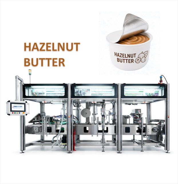 Automatic Hazelnut Butter filling and sealing machine for portion cups, condiment cups, and salad dressing packaging