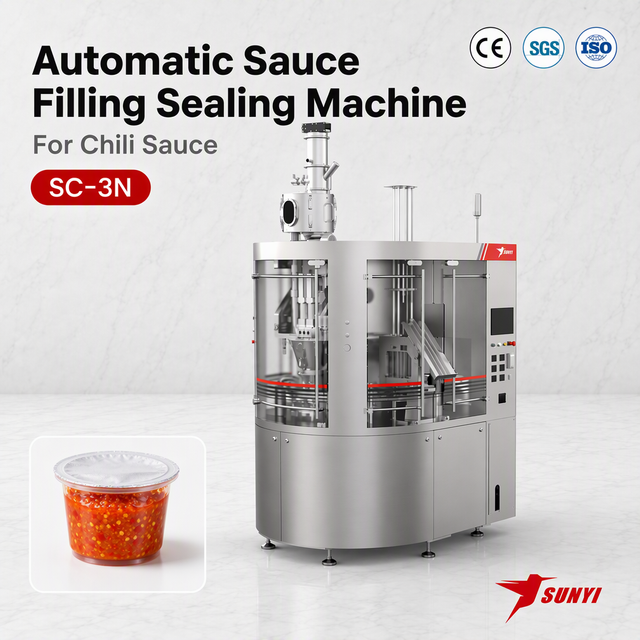 Food Processing Chili Sauce Cup Filler And Sealer, Rotary 3-Lane SC-3N, Automatic Cup Feeding, CE/SGS/ISO 9001, Manufacturer