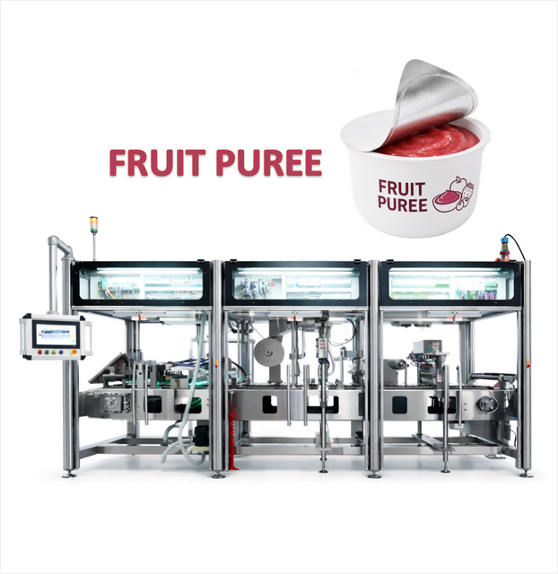 Automatic Fruit Puree filling and sealing machine for portion cups, condiment cups, and salad dressing packaging