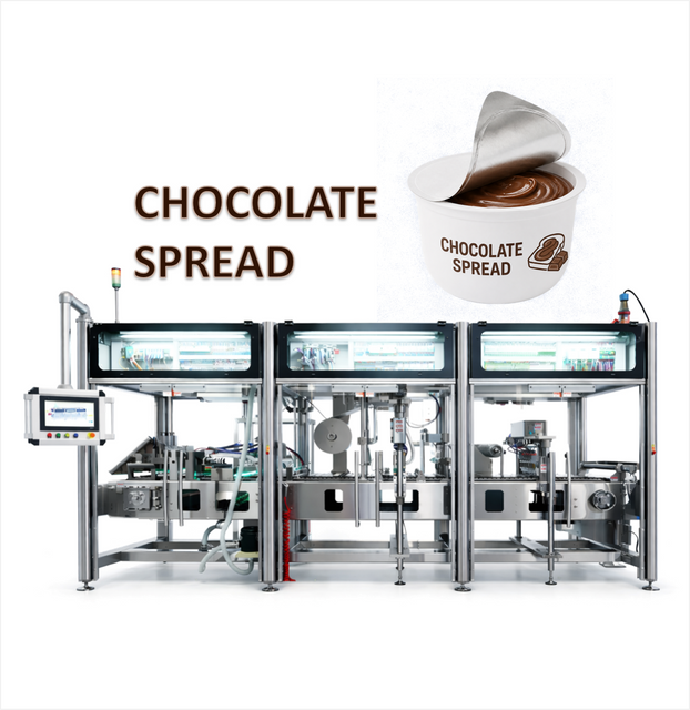 Automatic chocolate spread filling and sealing machine for portion cups, condiment cups, and salad dressing packaging