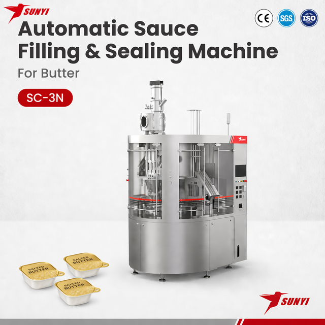 SUNYI SC-3N Automatic Food Grade Rotary Flavored Butter Cup Filling Sealing Machine 90-120 Cups/Min | Rotary 3-Lane Quick Mold