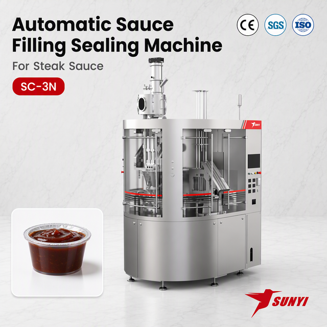 CE/SGS/ISO 9001 Steak Sauce Cup Filler And Sealer, Rotary 3-Lane SC-3N, SUS304 Food Contact Parts, Manufacturer