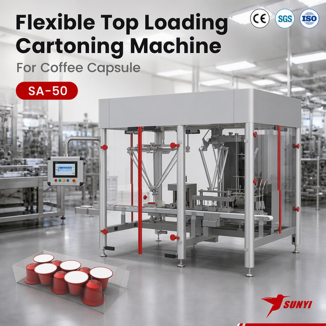 SA-50 Automatic Top Loading Cartoning Machine 20-30 Boxes/Min Flexible Paperboard Cartoner for Coffee Capsule Sachets Packaging