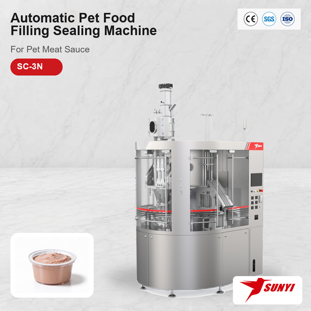 Automate Single-Serve Pet Meat Sauce Packing With SC-3N Rotary 3-Lane, 120-180 Cups/Min Output, Manufacturer