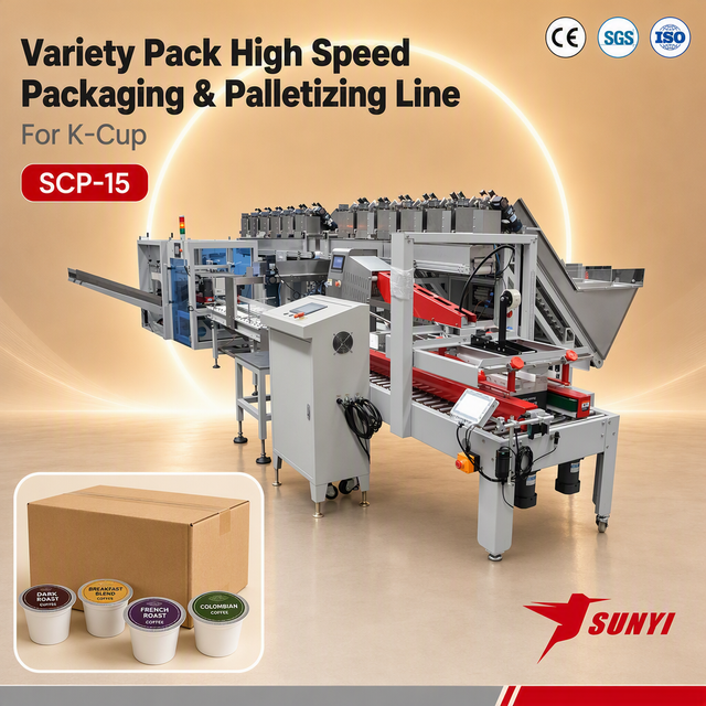 K-Cup Capsule Bulk Packing System with Case Erecting Labelling Taping Check Weighing And Palletizing