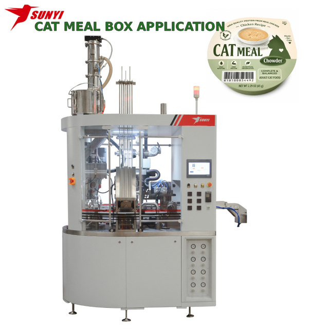 Automatic wet cat food meal box Filling & Sealing Machine for paste and mousse with little particle